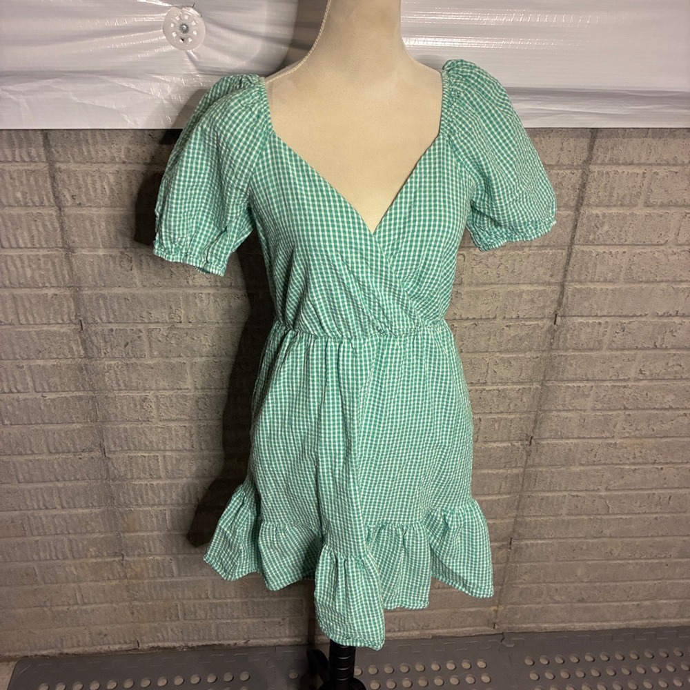 Draper James RSVP Green Gingham Puff Sleeve Faux Wrap Mini Dress XS